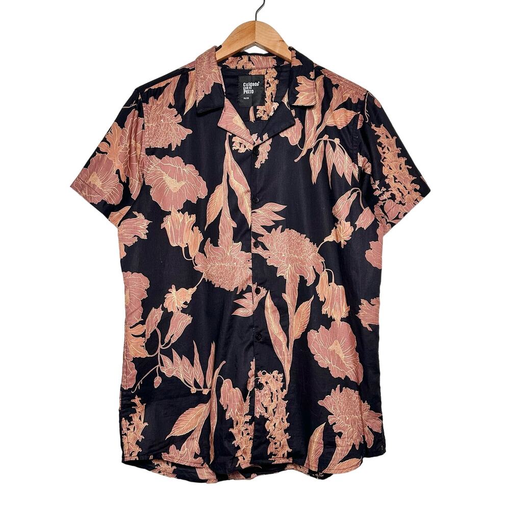 Cuidado Con el Perro | Men | Dark Contrast Floral Leaf Button Up Shirt | Medium